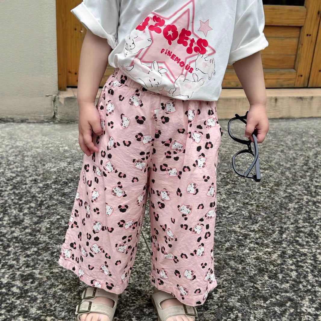 Girls’ Summer Casual Pants – Cute Cartoon Print Thin Straight Wide-Leg Comfortable Trousers - RAC26JP5436BATB
