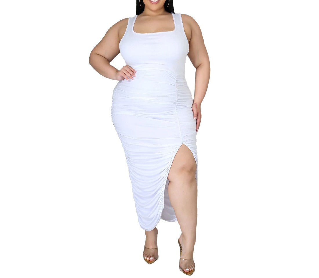 Summer Solid Color Sleeveless Slim-Fit Pleated Slit Dress for Women
