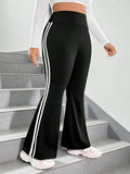 Plus Size Women's Autumn & Winter Casual Color Block Flared Wide Leg Pants – Trendy Comfortable High-Waist Trousers