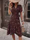 Women's V-Neck French Print Ruffled Lace-Up Midi Dress Elegant Long Sleeve Casual Fashion Dress