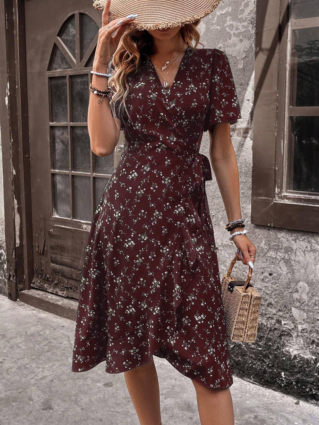 Women's V-Neck French Print Ruffled Lace-Up Midi Dress Elegant Long Sleeve Casual Fashion Dress