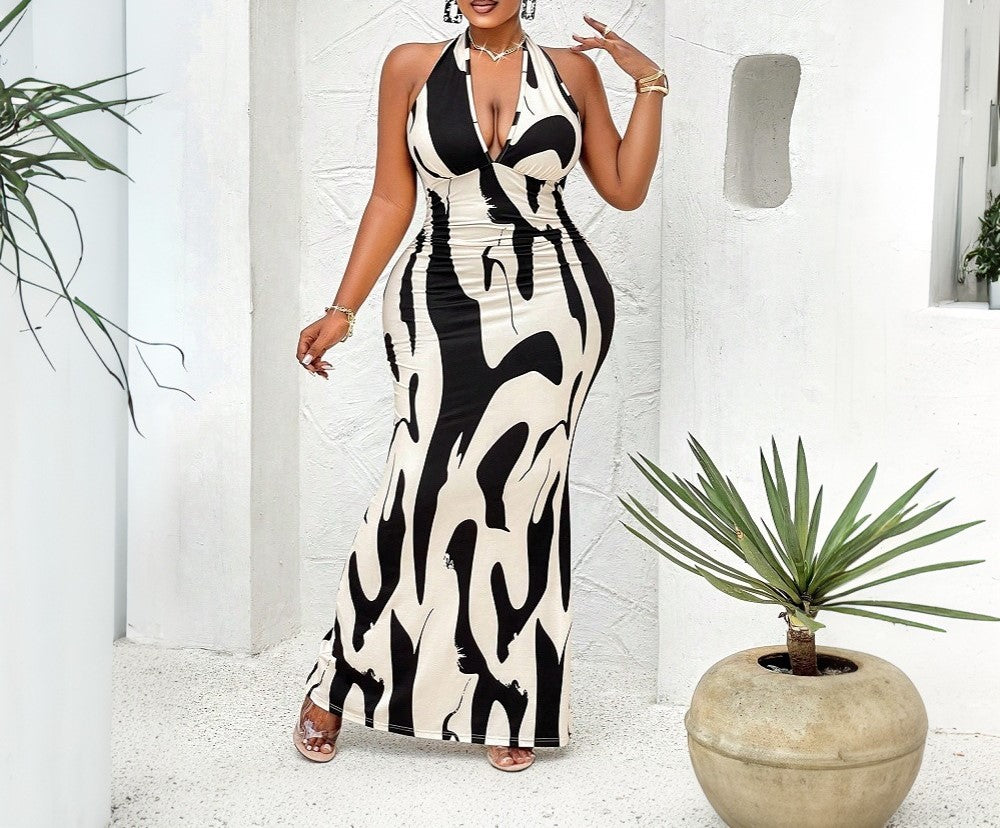 Plus Size Women's Halter Neck Cow Print Maxi Dress – V-Neck, Backless, Sleeveless Summer Dress