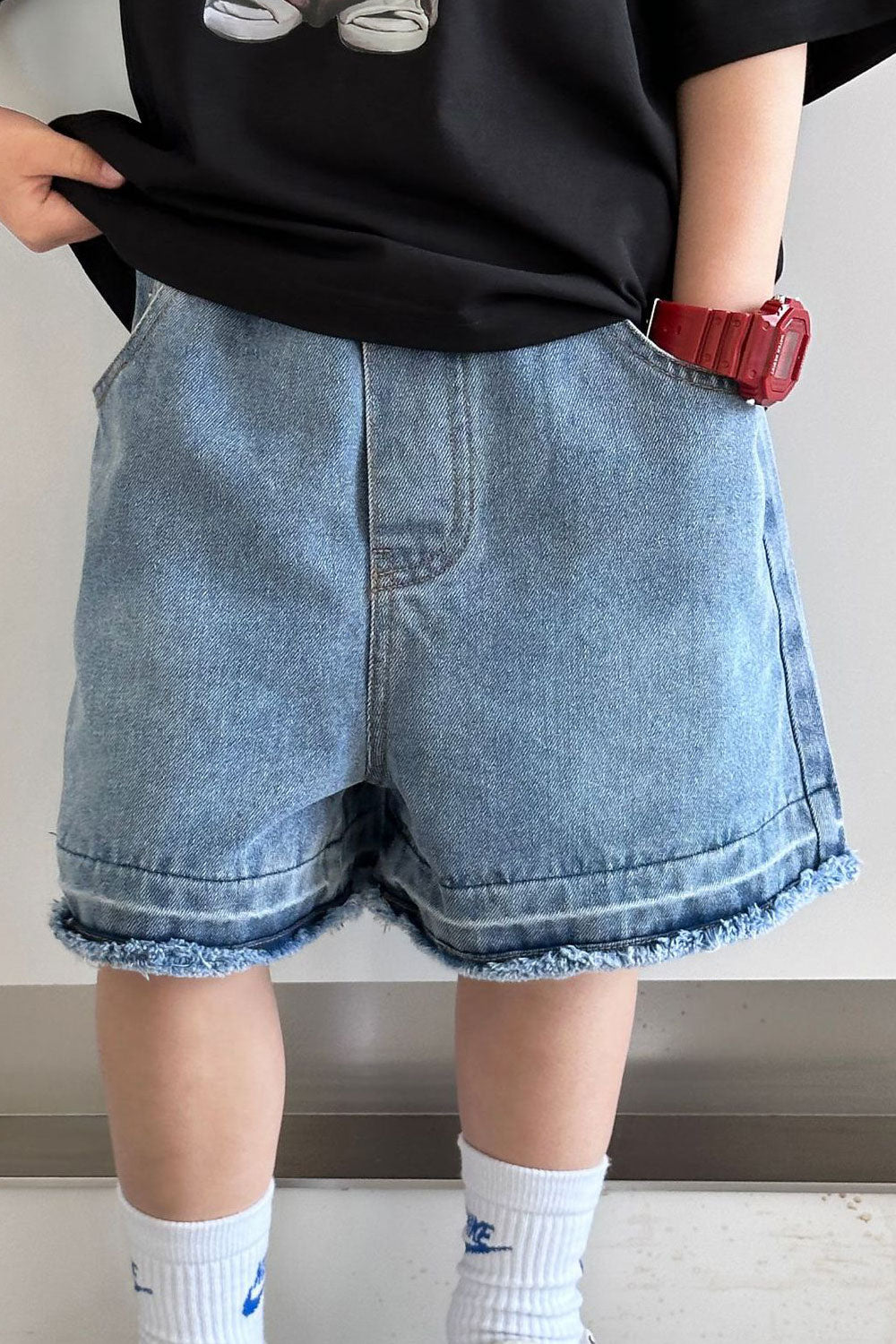 Kids Boys New Fashion Middle Waist Elastic Belt All-Match Solid Color Trendy Summer Denim Shorts