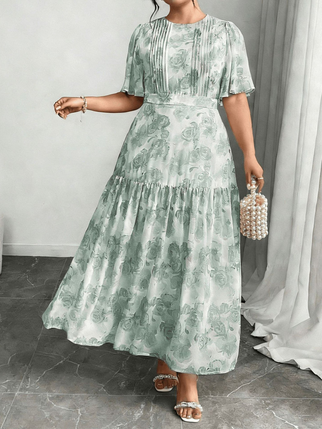 Women's Plus Size Fashion Printed Pleated Long Dress, Elegant Round Neck Casual Maxi Dress, Comfortable Everyday Wear