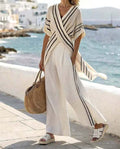 Women's Autumn Striped Cross-Front Top and Wide Leg Pants Two-Piece Set