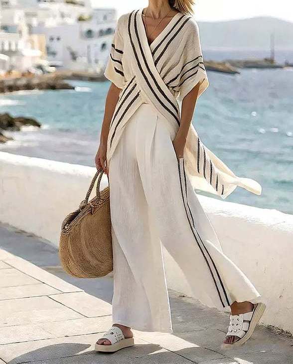 Women's Autumn Striped Cross-Front Top and Wide Leg Pants Two-Piece Set