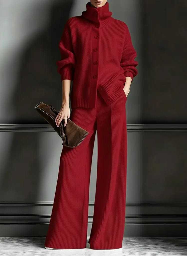 Women's High-Neck Long-Sleeve Knit Cardigan and Wide-Leg Pants Two-Piece Set
