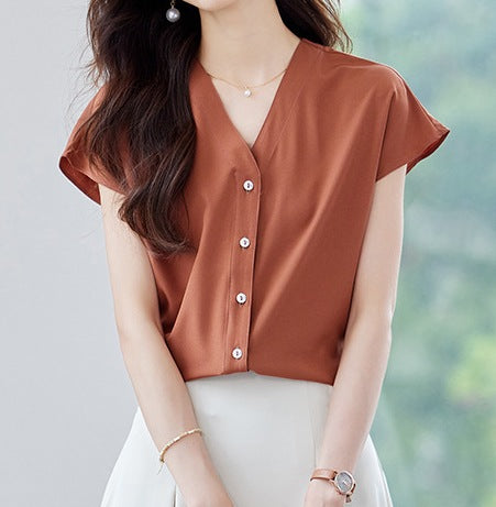 Women's Caramel Short-Sleeved V-Neck Shirt - Lightweight Summer Casual Top
