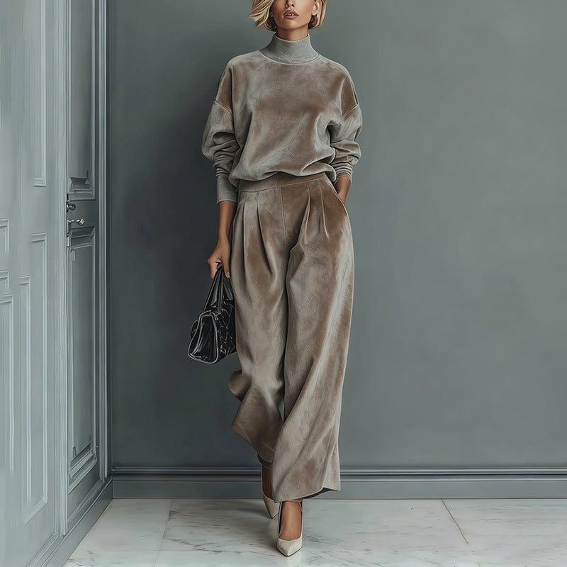Women's Knit Long-Sleeve Top and Wide-Leg Pants Two-Piece Lounge Set