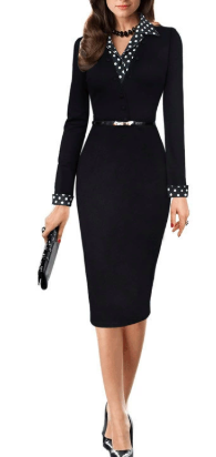 Women Polka Dot Long Sleeve V Neck Slim Fit Dress