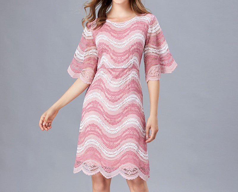 French Style Pink Lace A-Line Dress – Youthful, Slimming, and Versatile Plus Size Hot Dress with Loose Fit