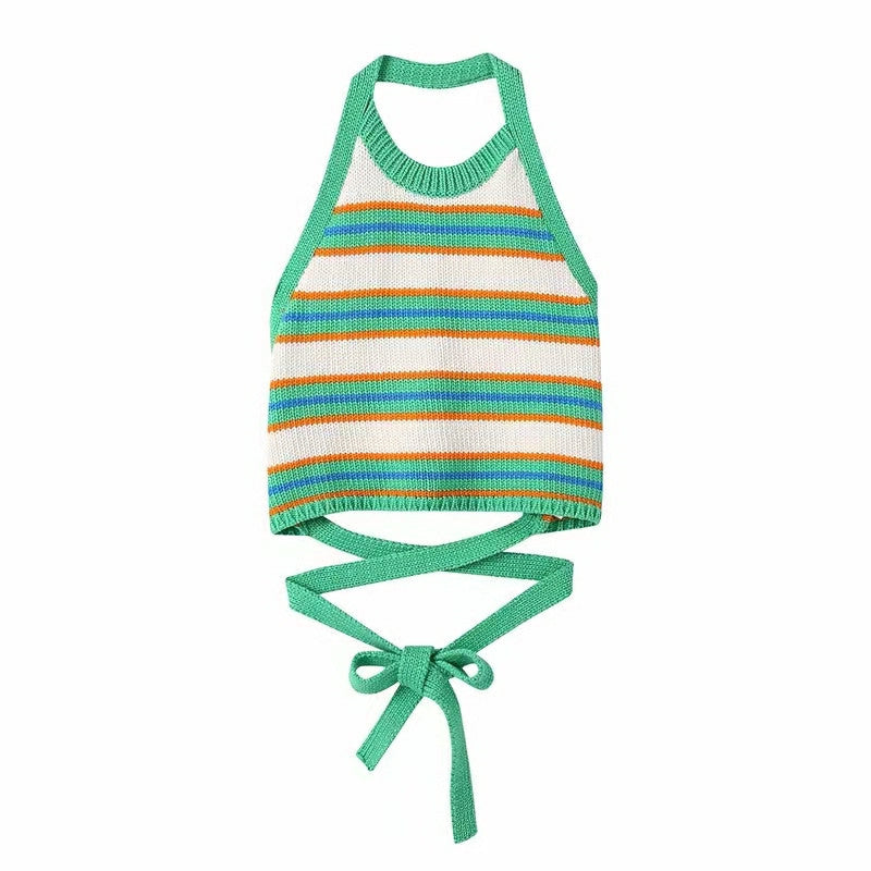 Girls’ Summer Vest Sling Top – Baby Color-Matching Striped Neck Sleeveless Shirt - RAC26JP5488BATT