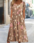 Women’s Flower Print Round Neck Short-Sleeved Pocket Dress