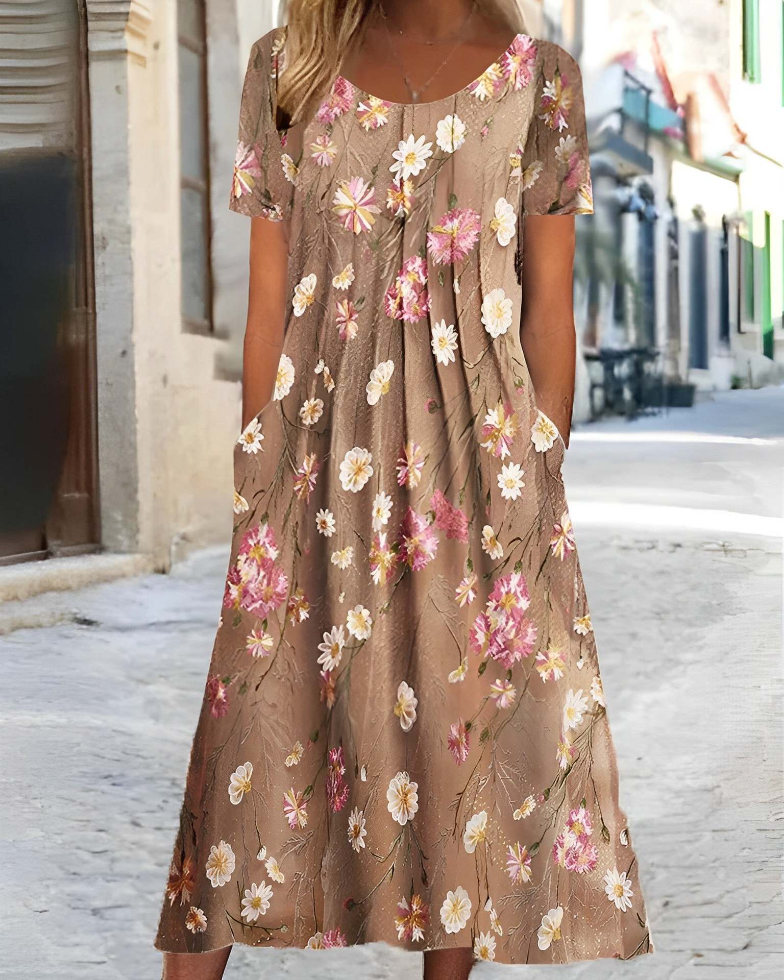 Women’s Flower Print Round Neck Short-Sleeved Pocket Dress