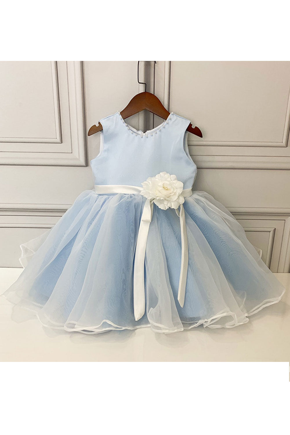 Kids Girls Pleated Hem Easy Round Neck Flower Attatched Summer Stylish Sleeveless Party Dress