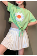Kids Girls Flower Printed Elastic Waist Pleated Short Sleeve Outfit Set
