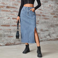 Women's Summer Washed Denim Elastic Waist Midi Skirt with Side Split