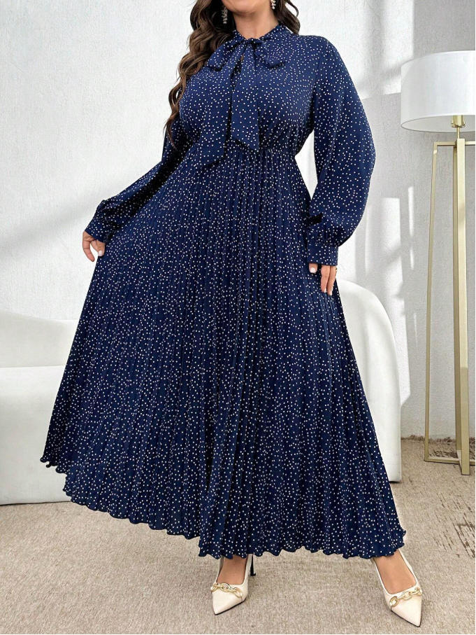 Women's Elegant Pleated Polka Dot Tie-Up Long Dress – Waist-Cinching Maxi Dress with Long Sleeves