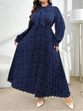 Women's Elegant Pleated Polka Dot Tie-Up Long Dress – Waist-Cinching Maxi Dress with Long Sleeves