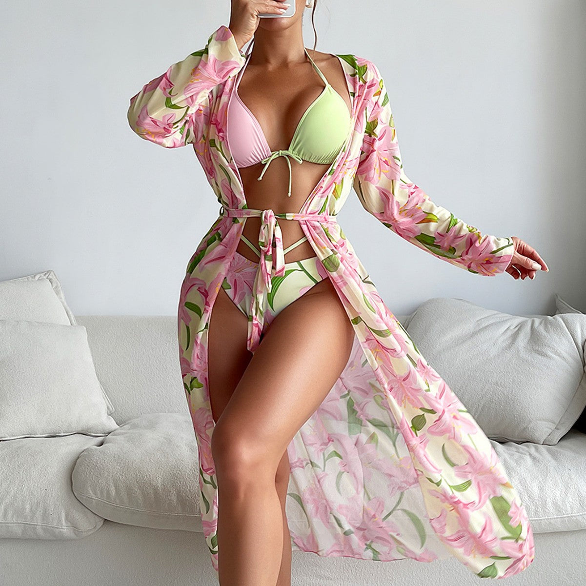 Women's Three-Piece Bikini Set - Printed Split Swimsuit for Beach & Pool
