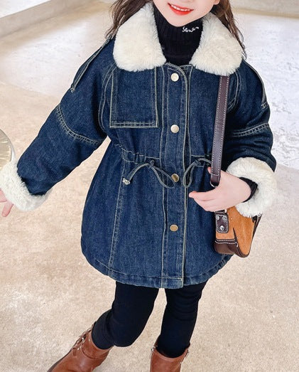 Winter New Girls' Denim Parka – Medium and Large Children's Fleece-Lined Medium-Long Coat - RAC25JP3259GOW