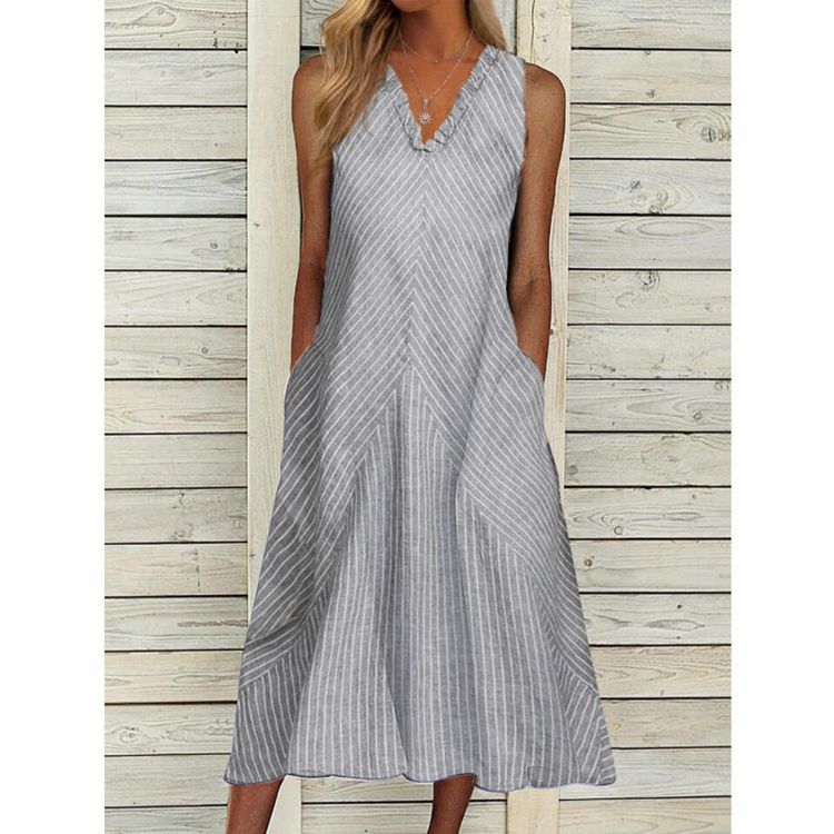 Women's Summer V-Neck Pleated Sleeveless Printed Striped Long Swing Dress with Pockets