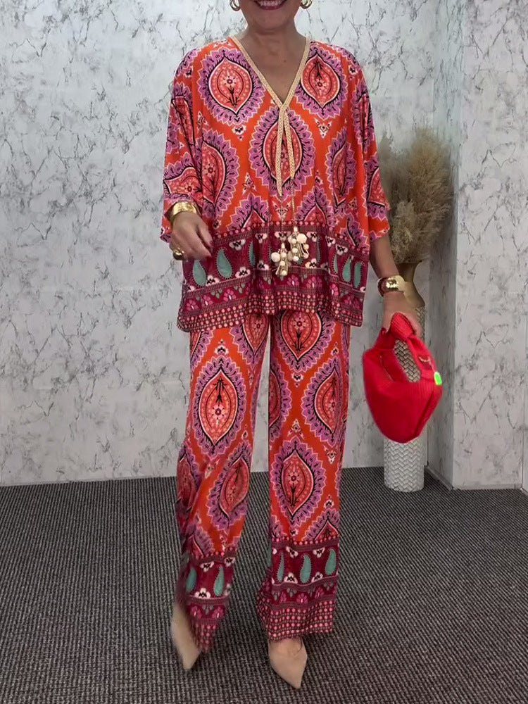 Women's Printed V-Neck Long Sleeve Top and Casual Pants Two-Piece Set
