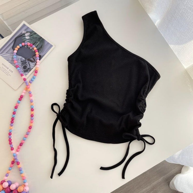 Girls Summer Vest Sling Top – Fashion Drawstring Irregular One-Shoulder Short Top for Kids - RAC26JP5500BATT