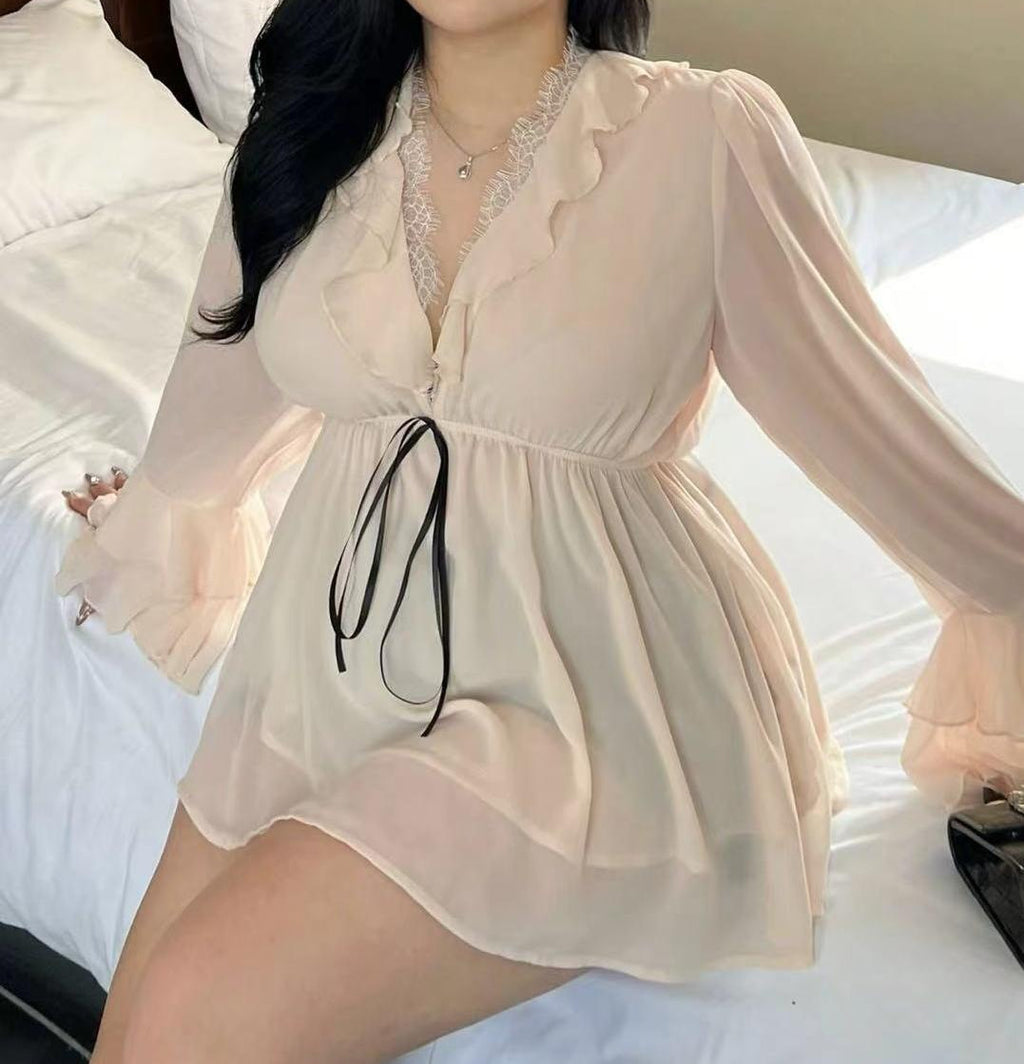 Women's Long Sleeve V Neck Lace High-Waisted Top