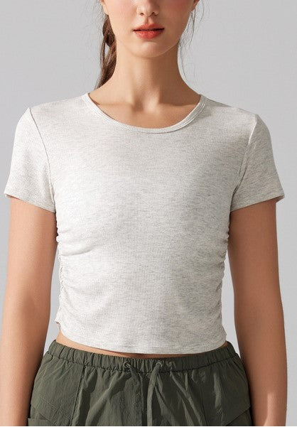 Pleated Waist Slimming T-Shirt Women's Ribbed Stretch Short Sleeve Sports Top for Summer Fitness Yoga & Running