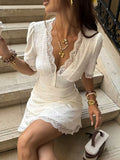 Women's 2026 Summer Lace Patchwork V-Neck Hollow Waist Dress with Short Sleeves