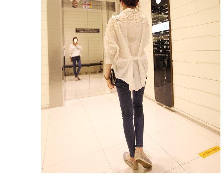 Spring & Autumn Women's Lace Stitching Chiffon Blouse – Loose Fit Batwing Sleeve Solid Color Shirt