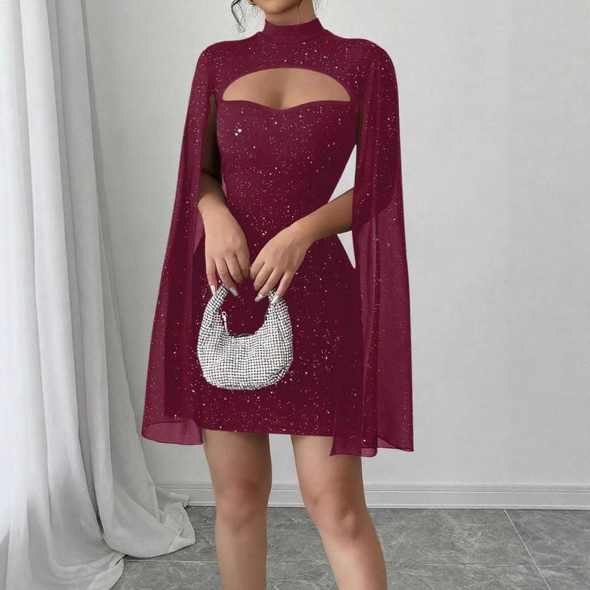 Women's Ribbed Bodycon Dress with Chiffon Cape Sleeves, Waist-Defining Midi Dress for Party, Evening, Office, and Special Occasi