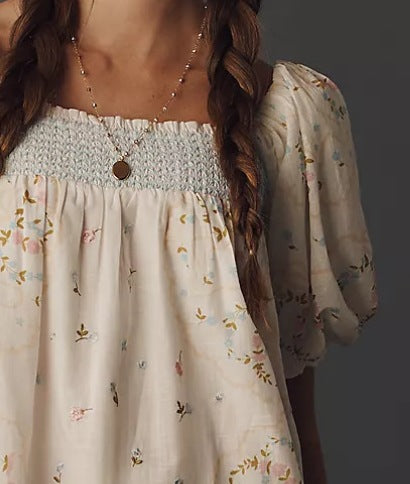 Women's Summer Lace-Trimmed Printed Puff Sleeve Dress with Low Neckline