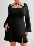 Plus Size Slim Fit Long Sleeve Mini Dress for Women – 2025 Autumn Winter Hip Slit Bodycon Party Dress