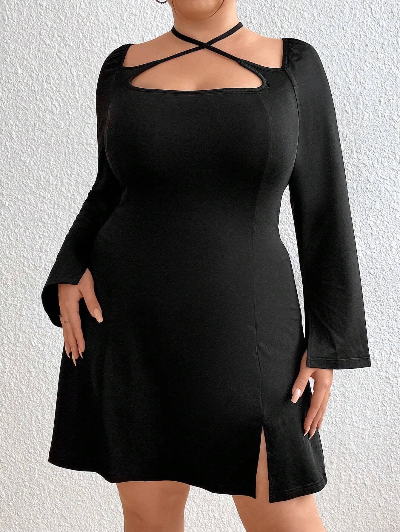 Plus Size Slim Fit Long Sleeve Mini Dress for Women – 2025 Autumn Winter Hip Slit Bodycon Party Dress