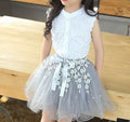 Summer New Style Girls’ Lace Trim Short-Sleeved Shirt + Mesh Skirt Two-Piece Set – Elegant Princess Outfit - RAC25JP3272GDRESS