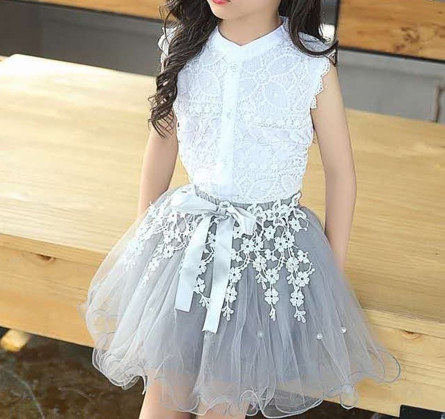 Summer New Style Girls’ Lace Trim Short-Sleeved Shirt + Mesh Skirt Two-Piece Set – Elegant Princess Outfit - RAC25JP3272GDRESS