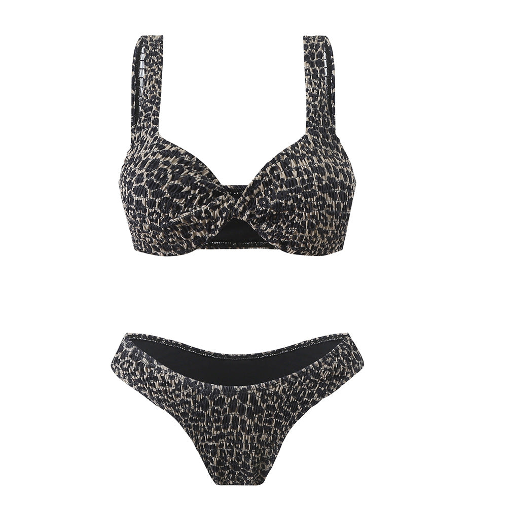 Leopard Print Twist Bag with Shoulder Strap & Three-Point Split Bikini Set