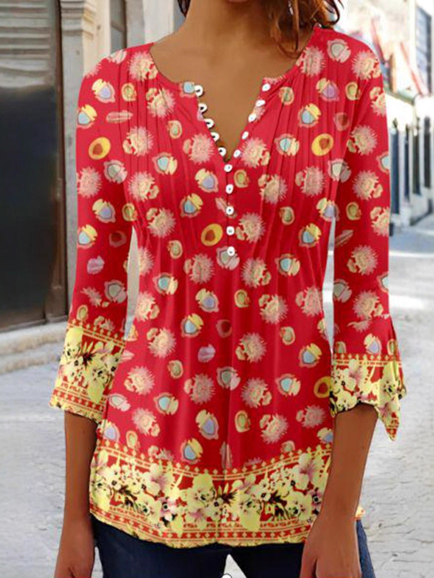 Summer New Fashion Button V-Neck Three-Quarter Sleeve Printed Shirt Top for Women