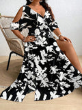 Women's Plus Size Off-Shoulder Tropical Print Maxi Dress with Thigh Slit, Waist-Defining Long Summer Vacation Dress