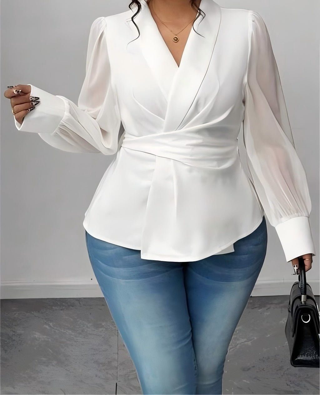 Women's White Long-Sleeved Waist-Defined Plus Size Casual Blouse