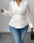 Women's White Long-Sleeved Waist-Defined Plus Size Casual Blouse