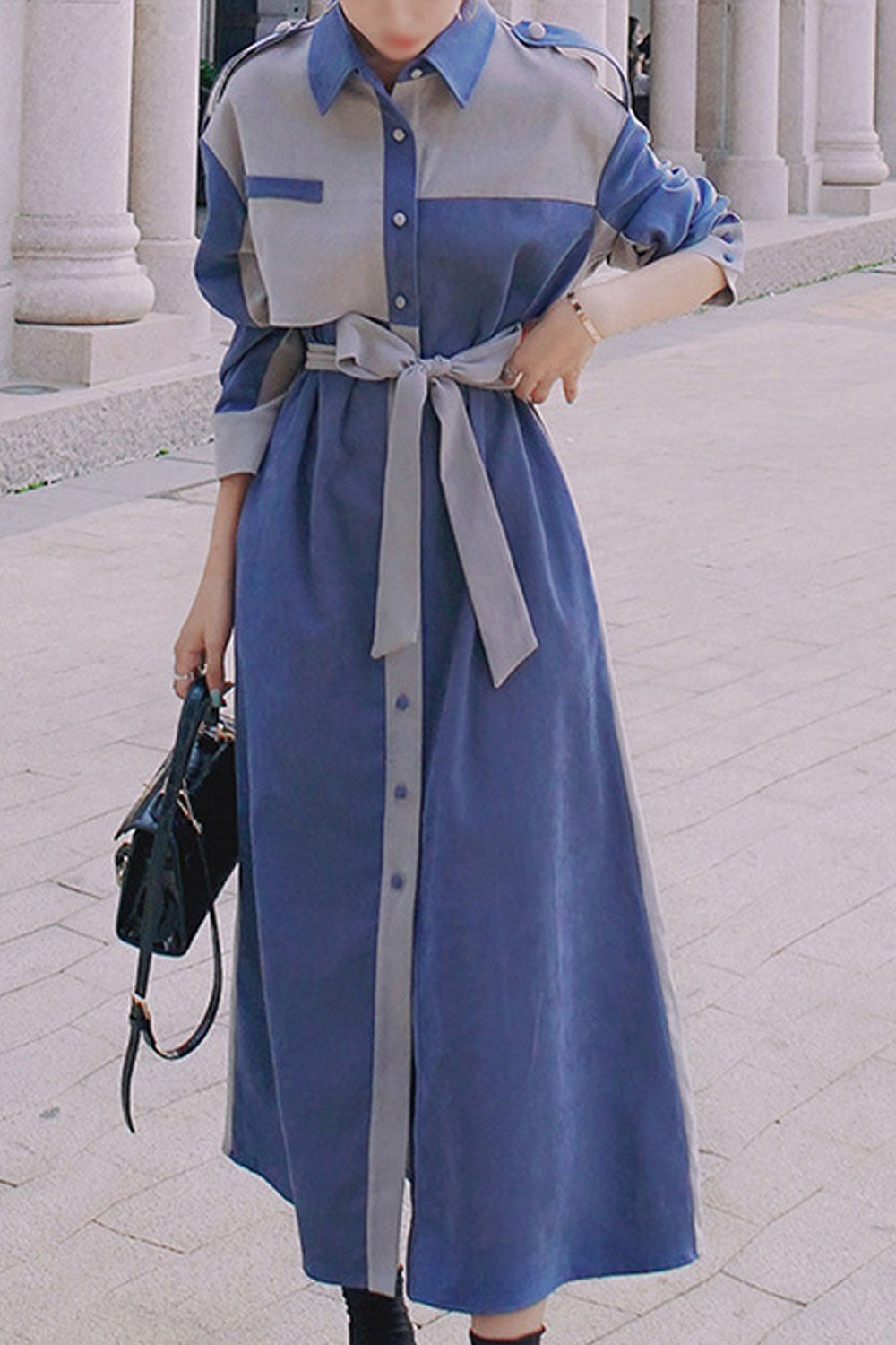 Women Elegant Lapel Neck Button Lace Up Long Sleeve Shirts Dress