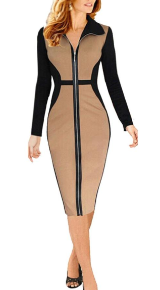 Long Sleeve Collar Zipper Bodycon Dress
