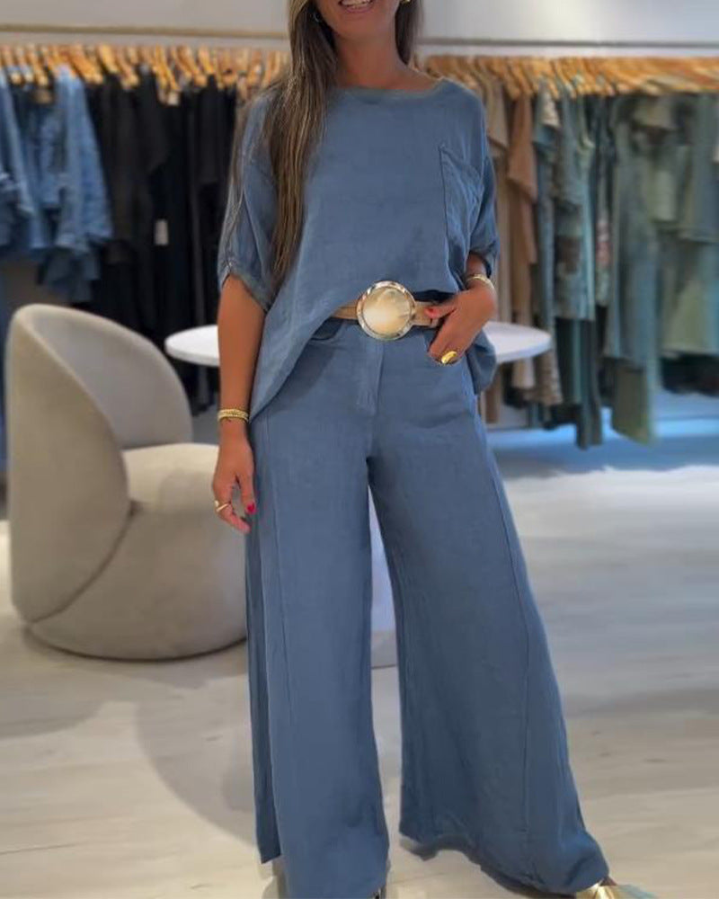 Women’s Casual Crew Neck Top and Wide Leg Pants Set – Relaxed Two-Piece Outfit