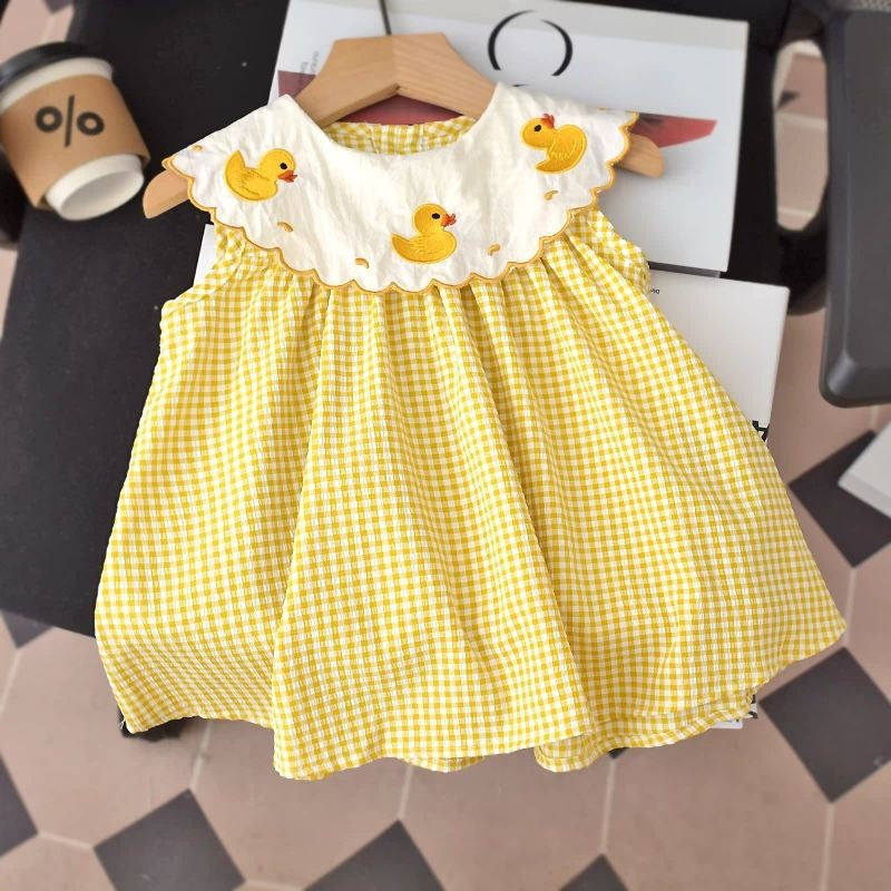 Girls Summer Petal Collar Plaid Cartoon Embroidered Princess Dress – Casual Party Outfit - RAC26JP5460BATDAS