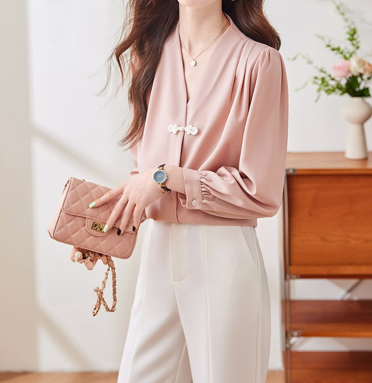 Women's Spring Elegant V-Neck Long Sleeve Blouse - Lightweight Casual Office Shirt