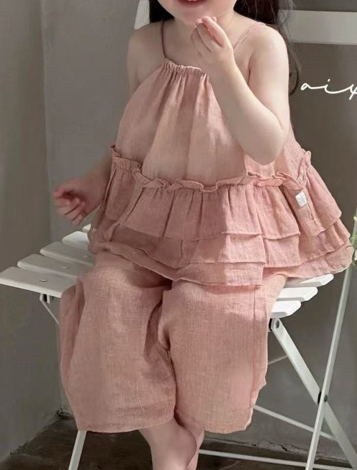 Summer Baby Girls Lace Sling Doll Shirt with Wide-Leg Pants Set - RAC26JP5376BATS