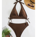 New Solid Color Lace-Up Neck Bikini Briefs Split Swimsuit for Women